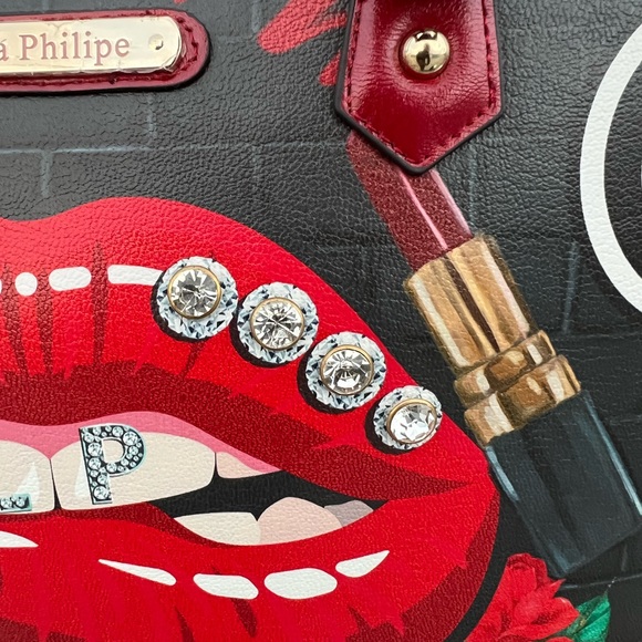 La Philipe design in miami lip rhinestone new with tag brown purse tote clutch - Picture 9 of 13